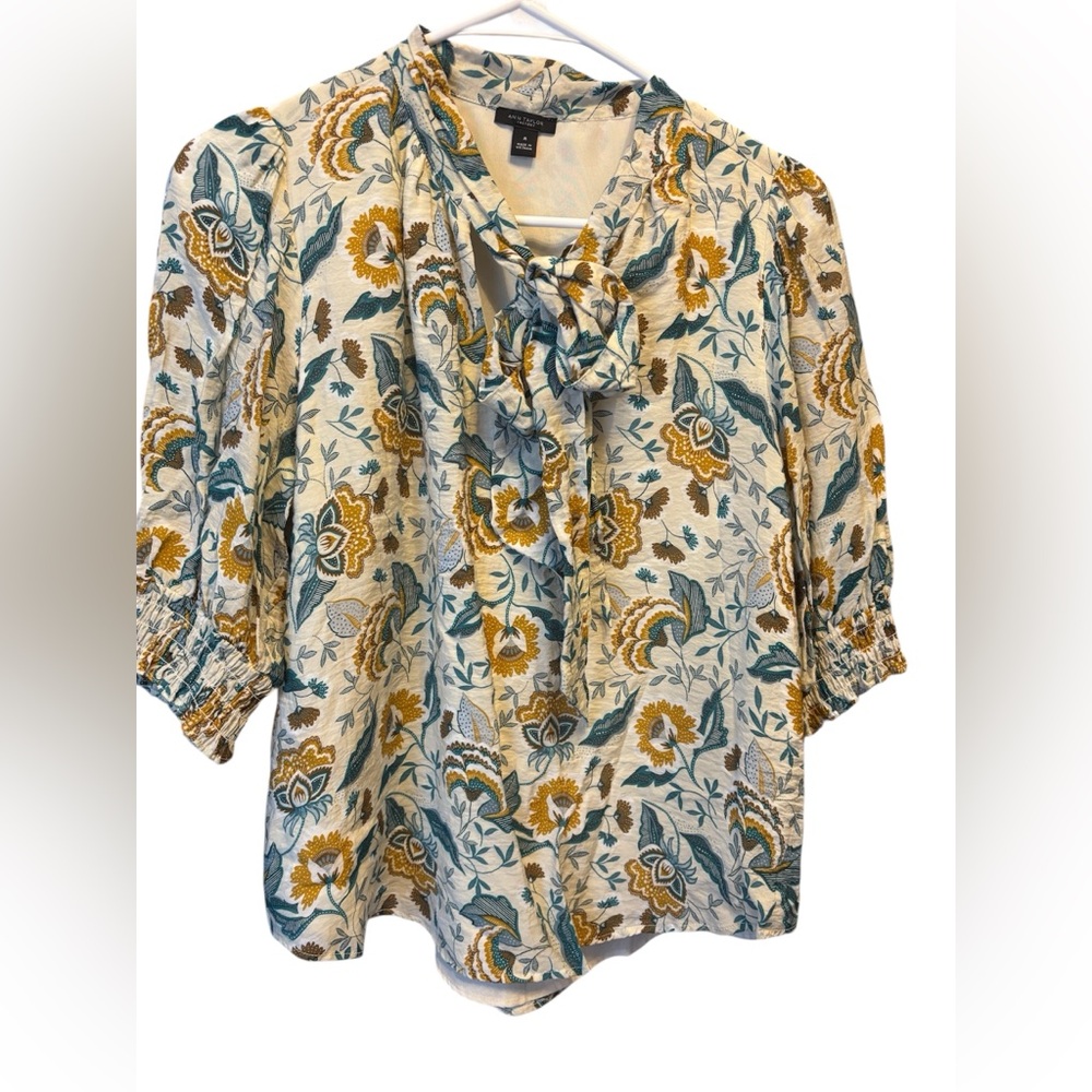 Ann Taylor Factory Floral Tie-Neck Blouse in Cream, Mustard & Teal